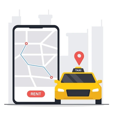 Phone showing a route map beside a vehicle
